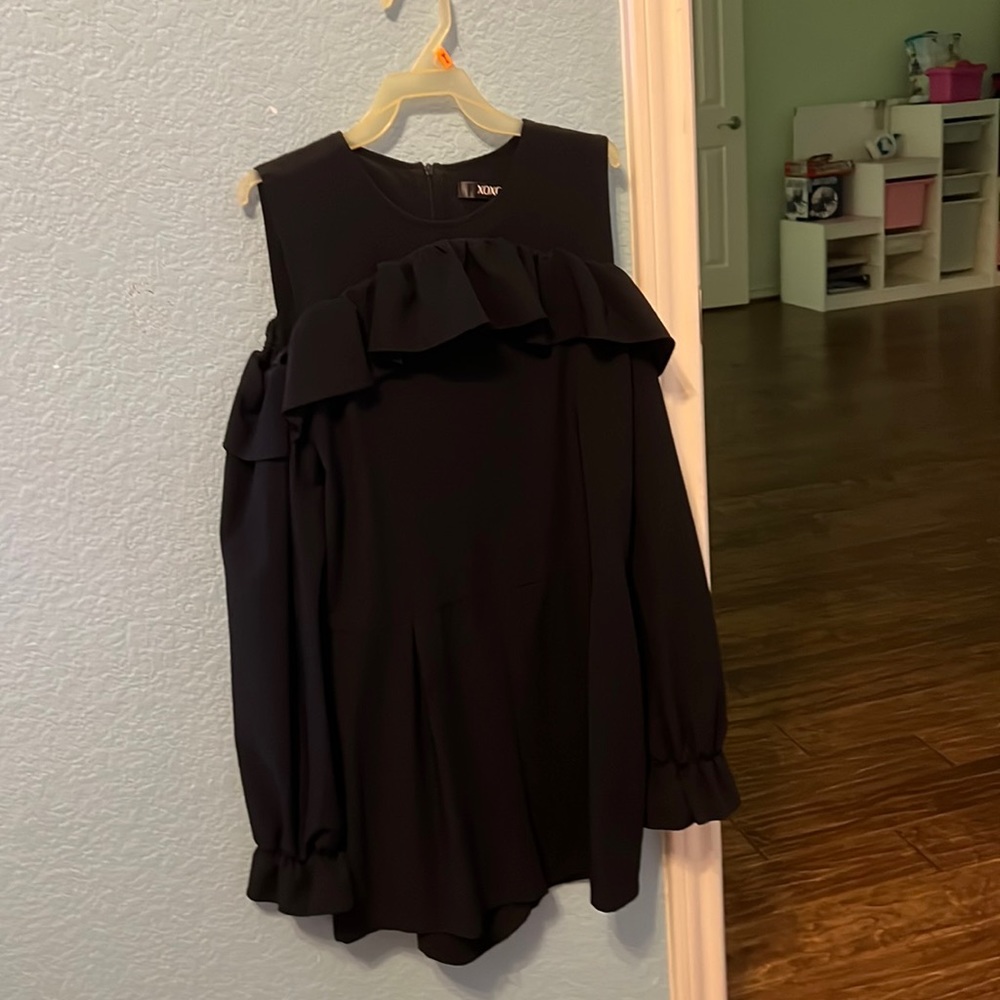 Black ruffle off the shoulder romper